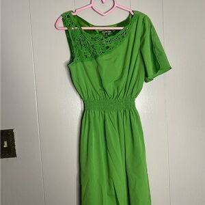 Green Asymmetrical Ruched Sundress with Flutter Sleeve for Wedding Guest